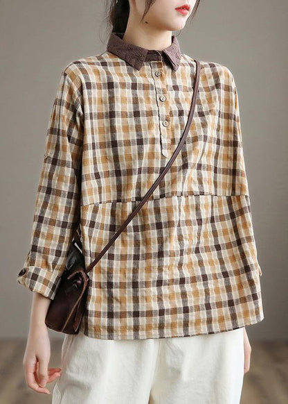 Lapel Patchwork Spring Shirts Fabrics Lighe Orange Plaid Blouses