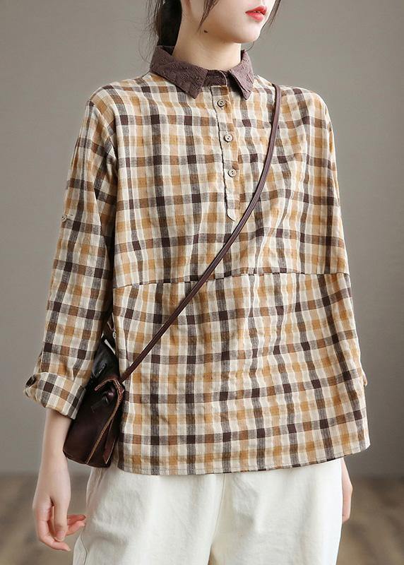 Lapel Patchwork Spring Shirts Fabrics Lighe Orange Plaid Blouses