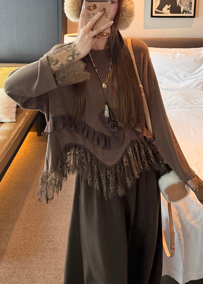 Chocolate Oversized Patchwork Lace Tops Spring