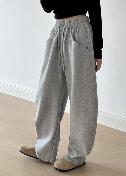 Grey Pockets Drawstring Elastic Waist Cotton Pants Spring