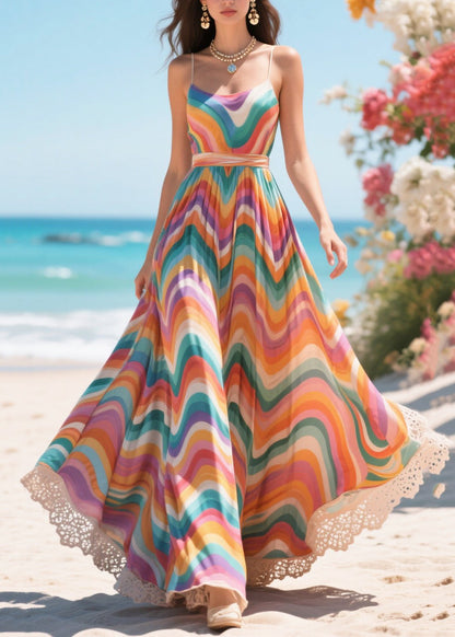 Rainbow Striped Exra Large Hem Chiffon Summer Dress