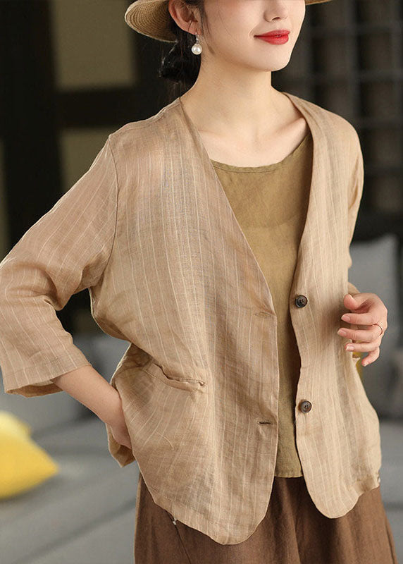 Coffee V Neck Pockets Striped Linen Jacket Summer