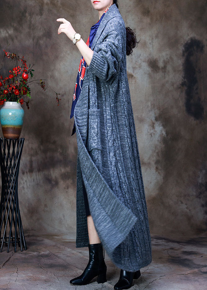 Loose Grey V Neck Woolen Knit Trench Coats Spring