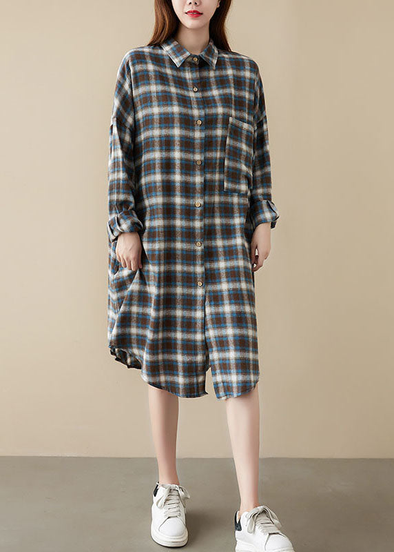 Diy Blue Plaid Peter Pan Collar Button Pockets Fall Long Sleeve Blouse Dresses