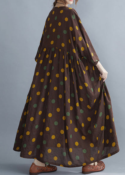 Coffee O-neck Dot Print Party Long Dress Spring