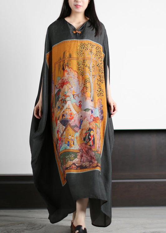 Yellow Print O-neck Silk Long Dress Batwing Sleeve