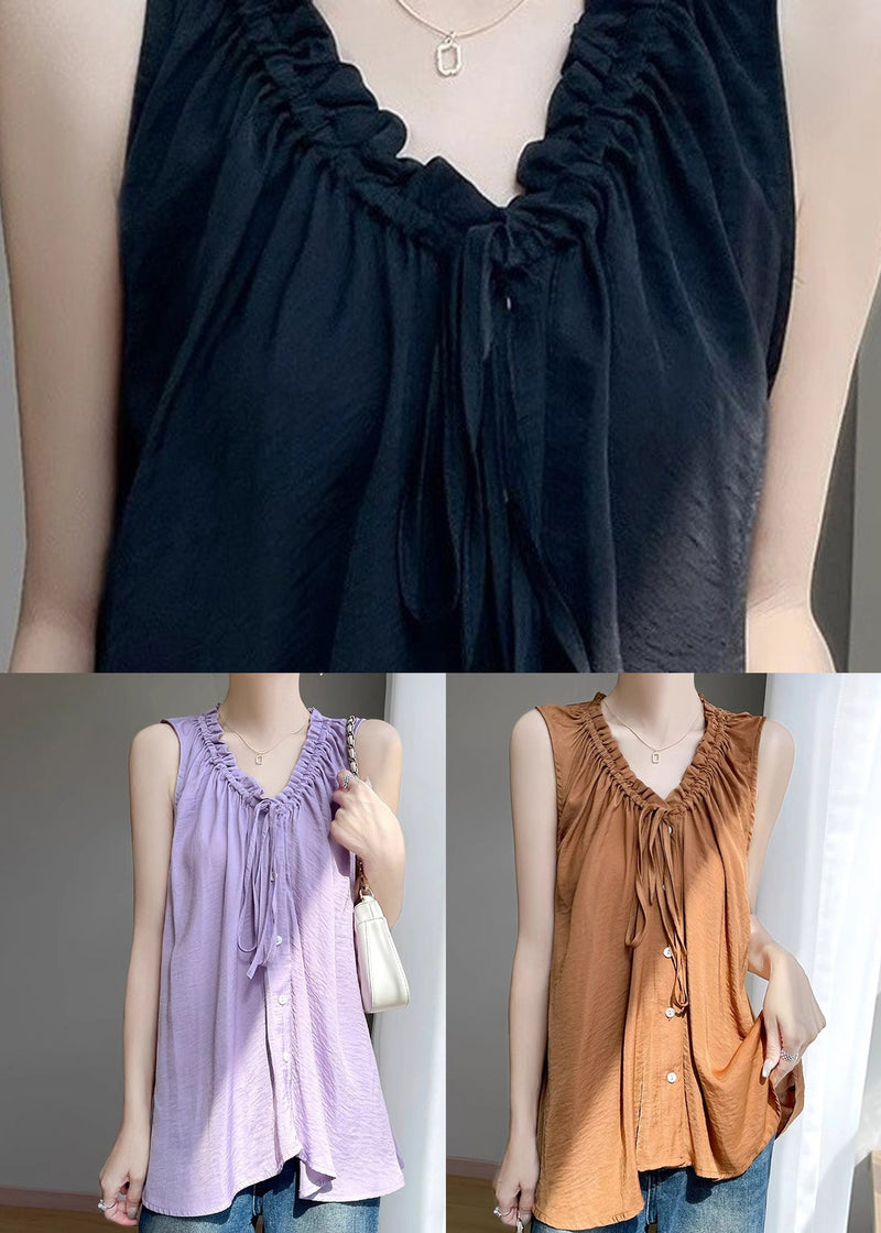 Black V Neck Ruffled Button Cotton Blouse Summer