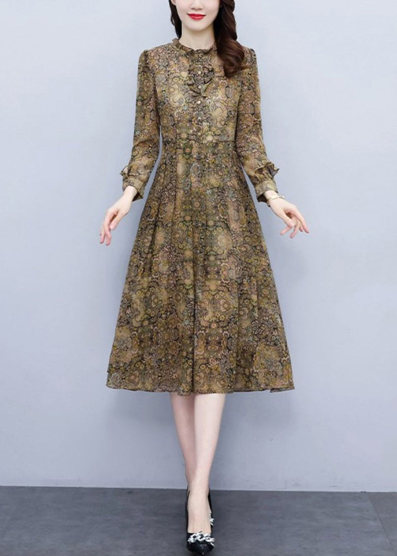 Ruffled Print High Waist Chiffon Dress Long Sleeve Fall