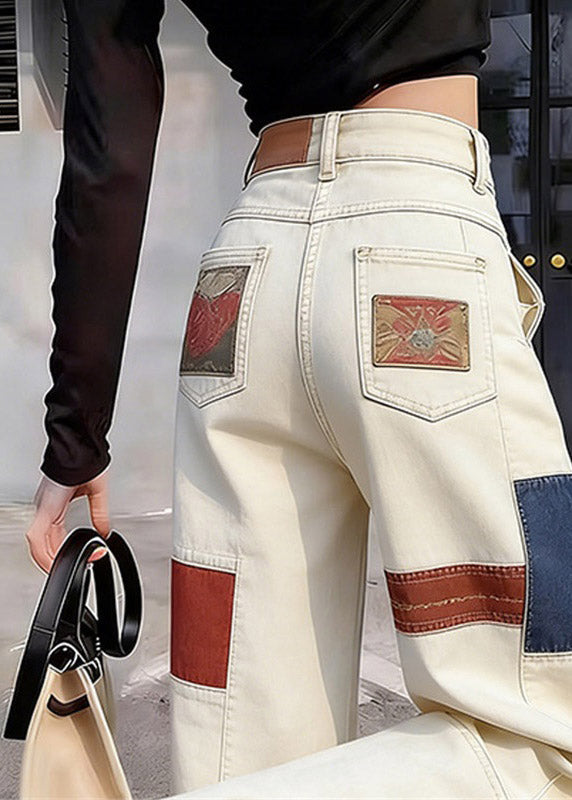 White High Waist Pockets Print Straight Jeans Summer