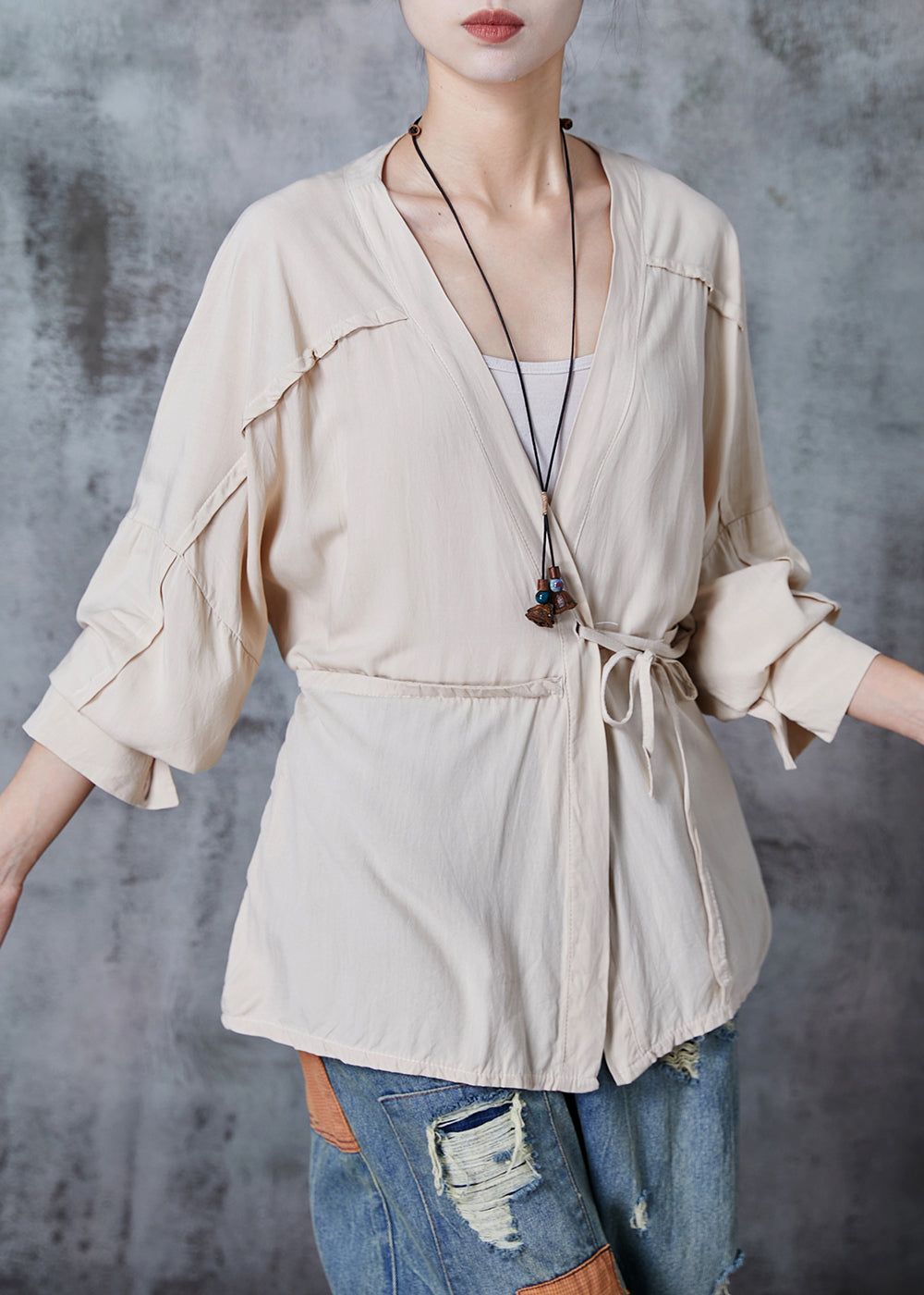 Beige Asymmetrical Tie Waist Cotton Blouse Tops Spring