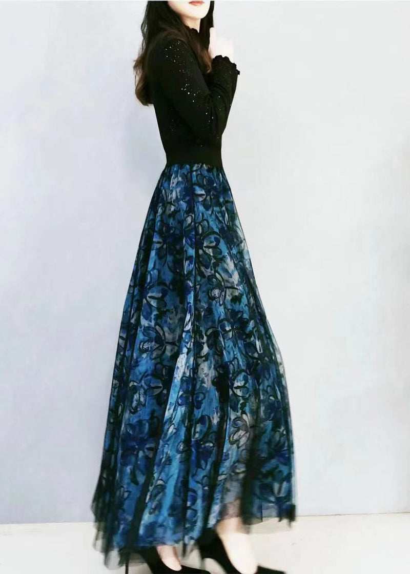 Blue Print Wrinkled High Waist Tulle Skirt Spring