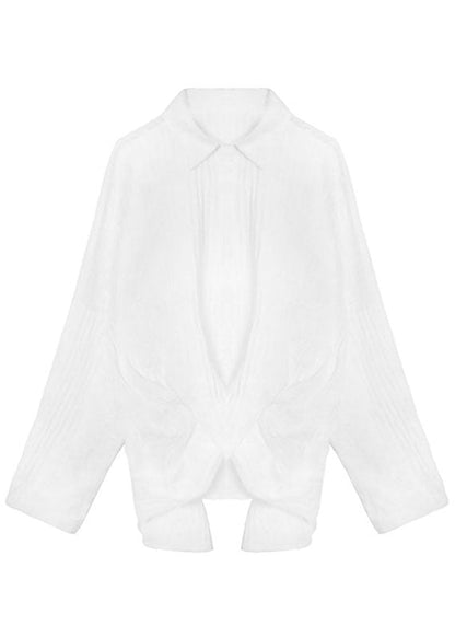 White Peterpan Collar Button Asymmetrical Design Fall Long Sleeve Blouse Tops