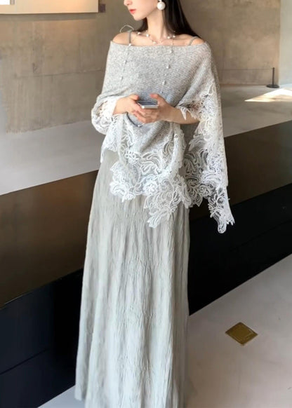 Grey Lace Patchwork Cotton Knit Cape and Long Dresses Two Piece Set Batwing Sleeve