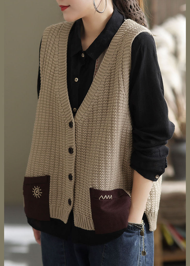 Khaki Oversized Patchwork Pockets Knit Vest Sleeveless