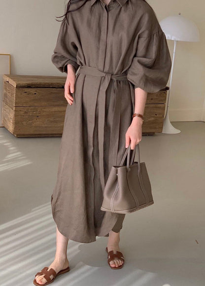 Lantern Sleeve Chocolate Shirts Dress Cinched Spring