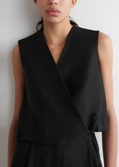 Black V Neck Lace Up Linen Shirt Tops Summer