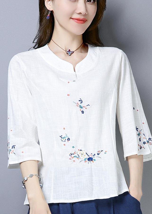 Natural Navy Embroideried Oriental Cotton Linen Shirts Summer
