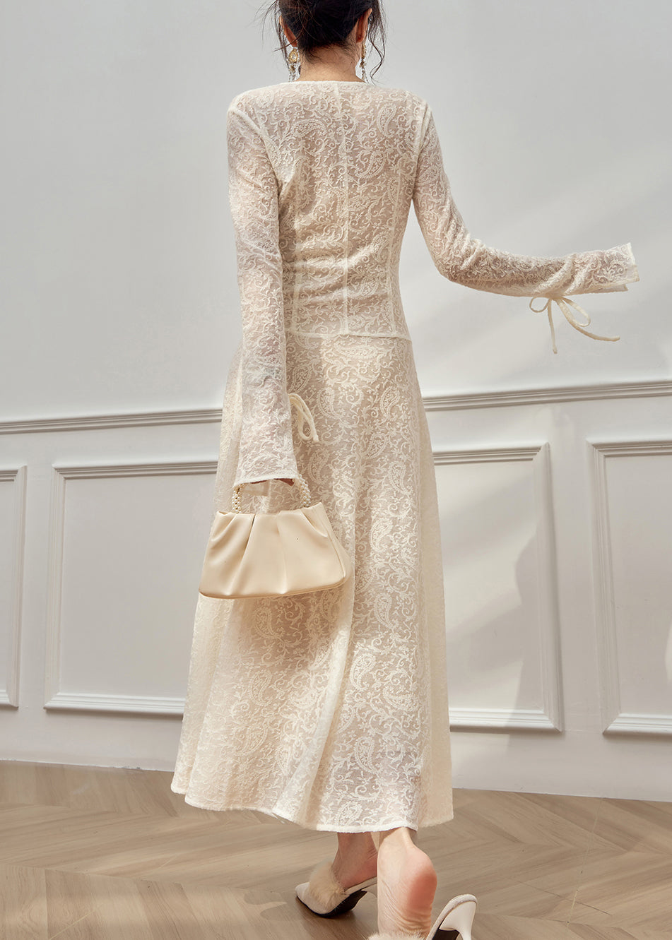 White V Neck Tie Lace Lace Long Dresses Flare Sleeve