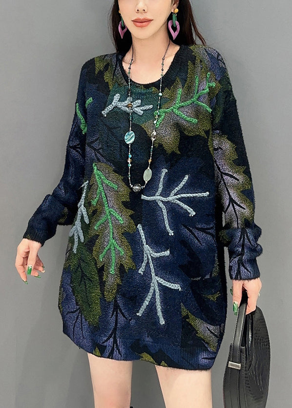 French Navy O-neck Print Knit Sweaters Long Sleeve