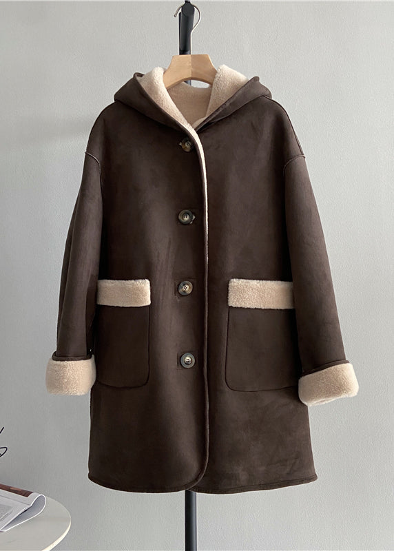 Chocolate Button Woolen Hoodie Coat Wear on Both Sides Winter