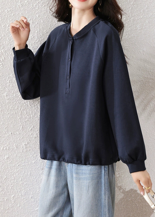 Simple Navy Button Cotton Sweatshirts Fall