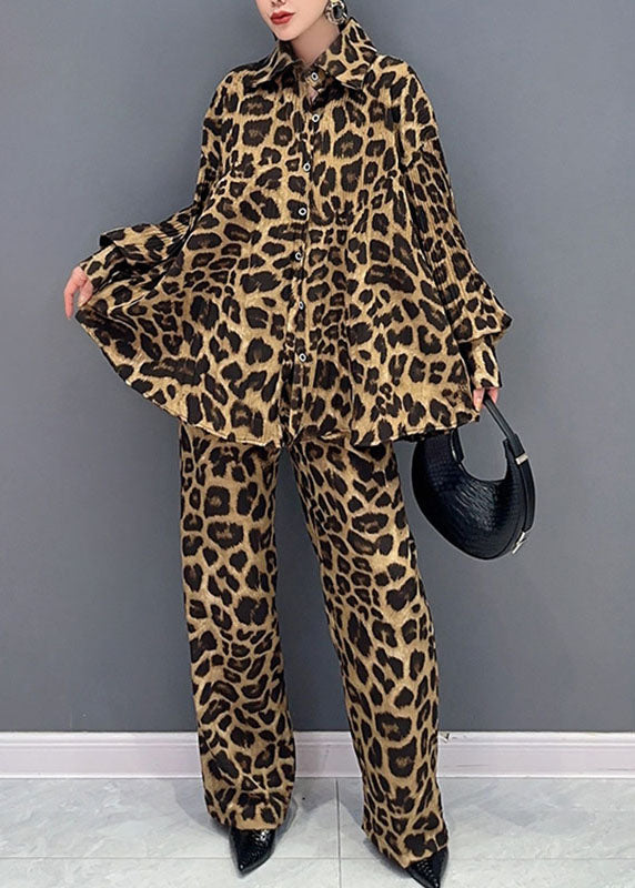 French Leopard Print Peter Pan Collar Shirts and Pants Two Piece Set Long Sleeve