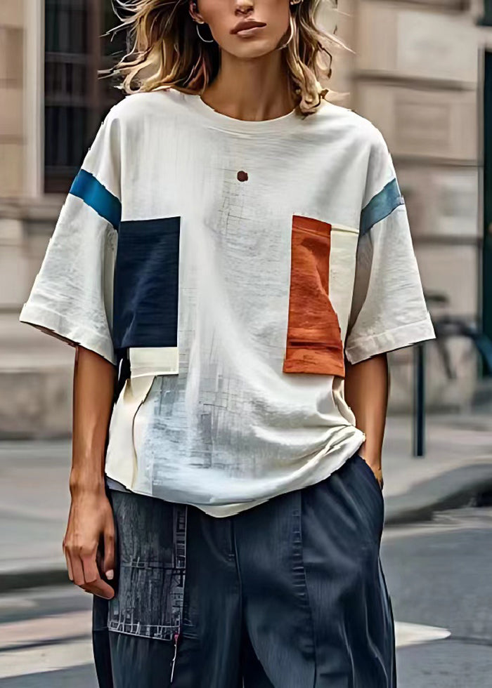 Diy White Oversized Patchwork Applique Linen Tops Summer