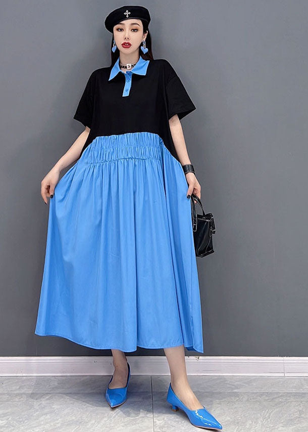 Loose Blue Colorblock Peter Pan Collar Patchwork Pleated Cotton Shirt Dress Short Sleeve
