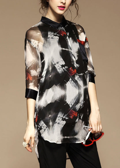 Stylish Peter Pan Collar Print Pockets Blouse Bracelet Sleeve Fall