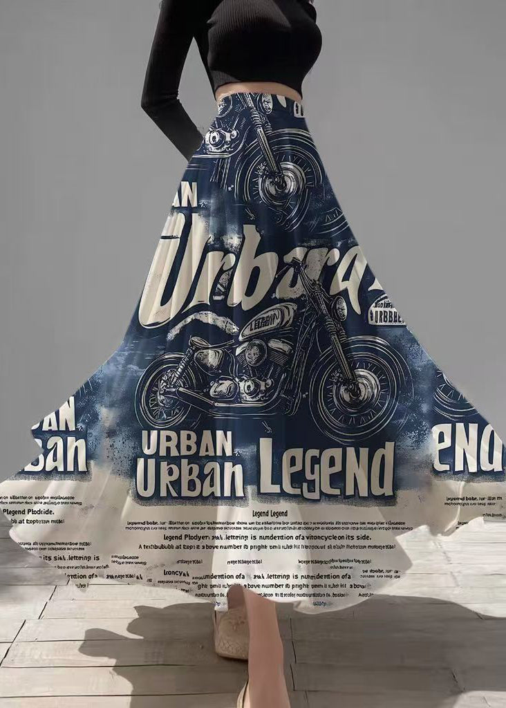 Denim Blue Letter Print Chiffon a Line Skirts Summer