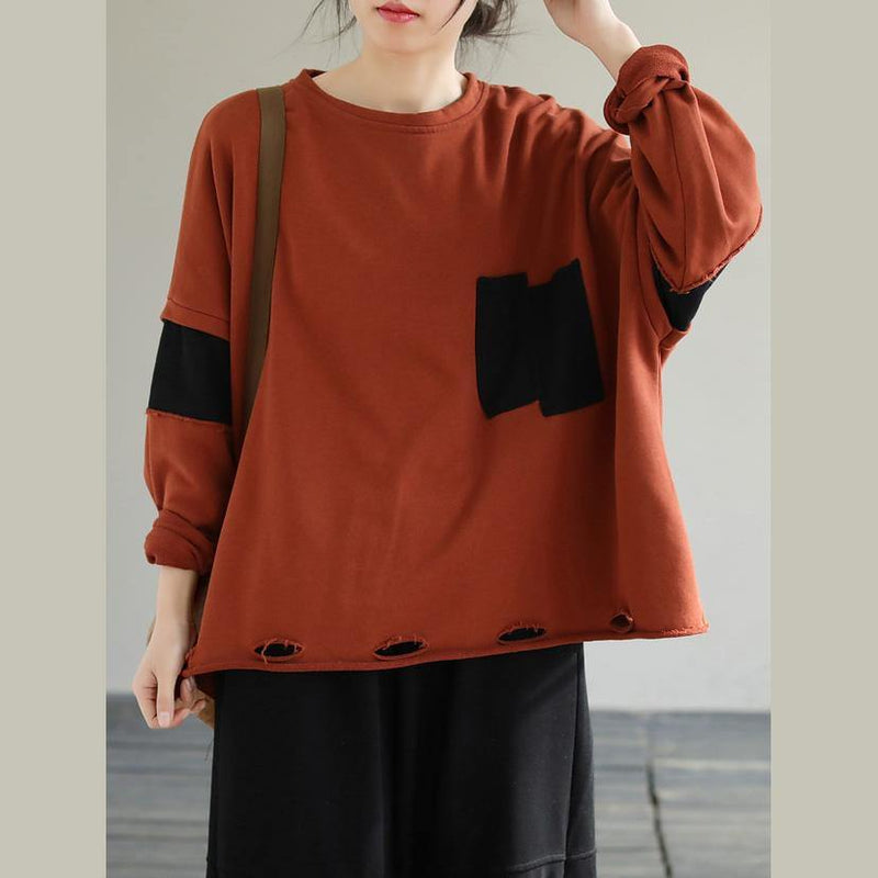 Classy Orange Cotton Tunic Top Patchwork Loose Sweatshirt