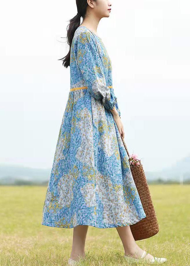 Blue O-neck Tie Waist Cinched Print Long Dresses Long Sleeve