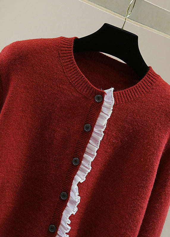 Fine Red O-neck Chiffon Patchwork Thick Cotton Knit Sweater Winter