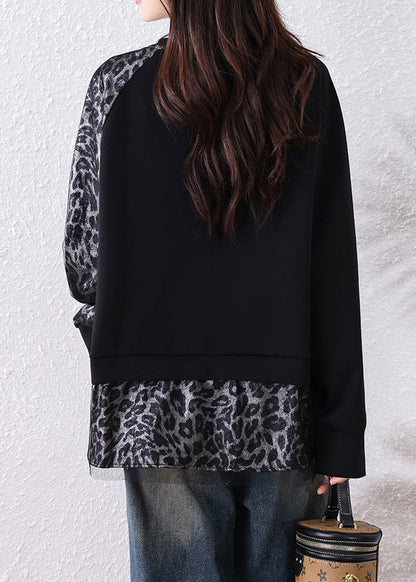 Black Leopard Tulle Patchwork Cotton T Shirts Fall