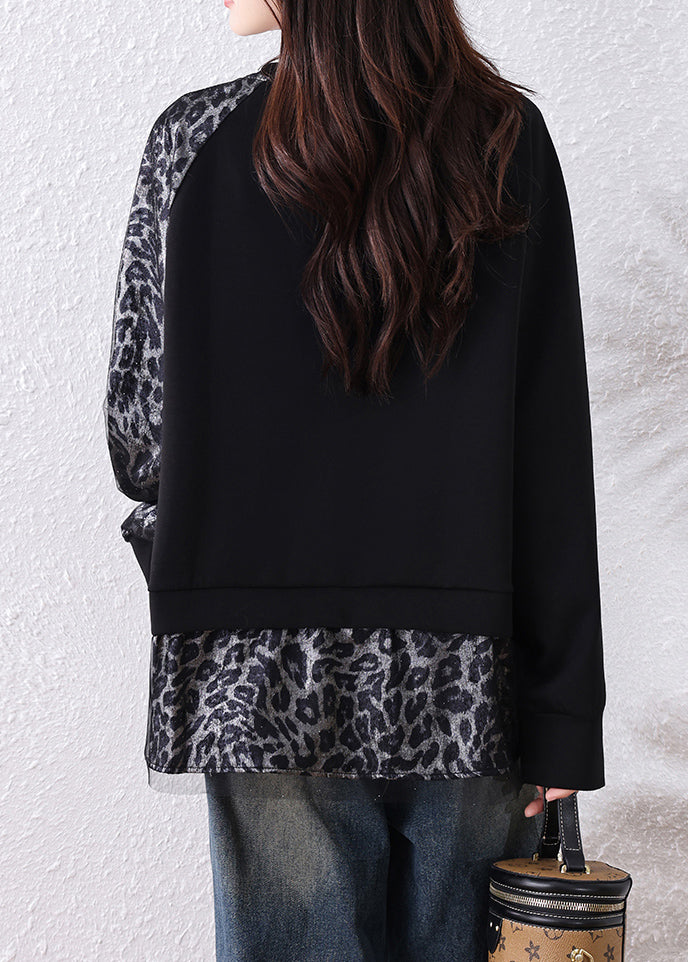 Black Leopard Tulle Patchwork Cotton T Shirts Fall