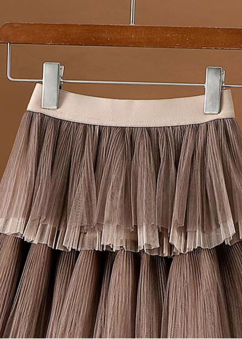 Coffee Wrinkled Layered Elastic Waist Tulle Skirt Spring