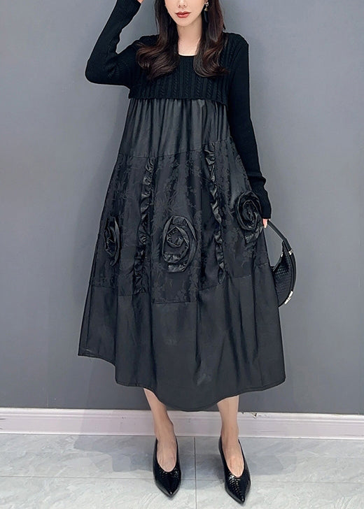 Black Ruffled Knit Patchwork Faux Leather Dress Fall
