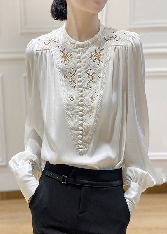 White O-neck Embroideried Silk Shirt Long Sleeve