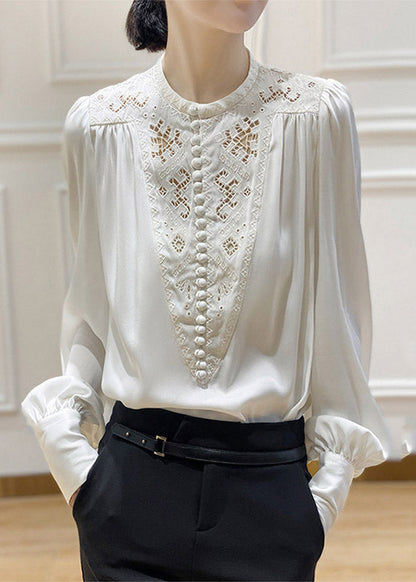 White O-neck Embroideried Silk Shirt Long Sleeve