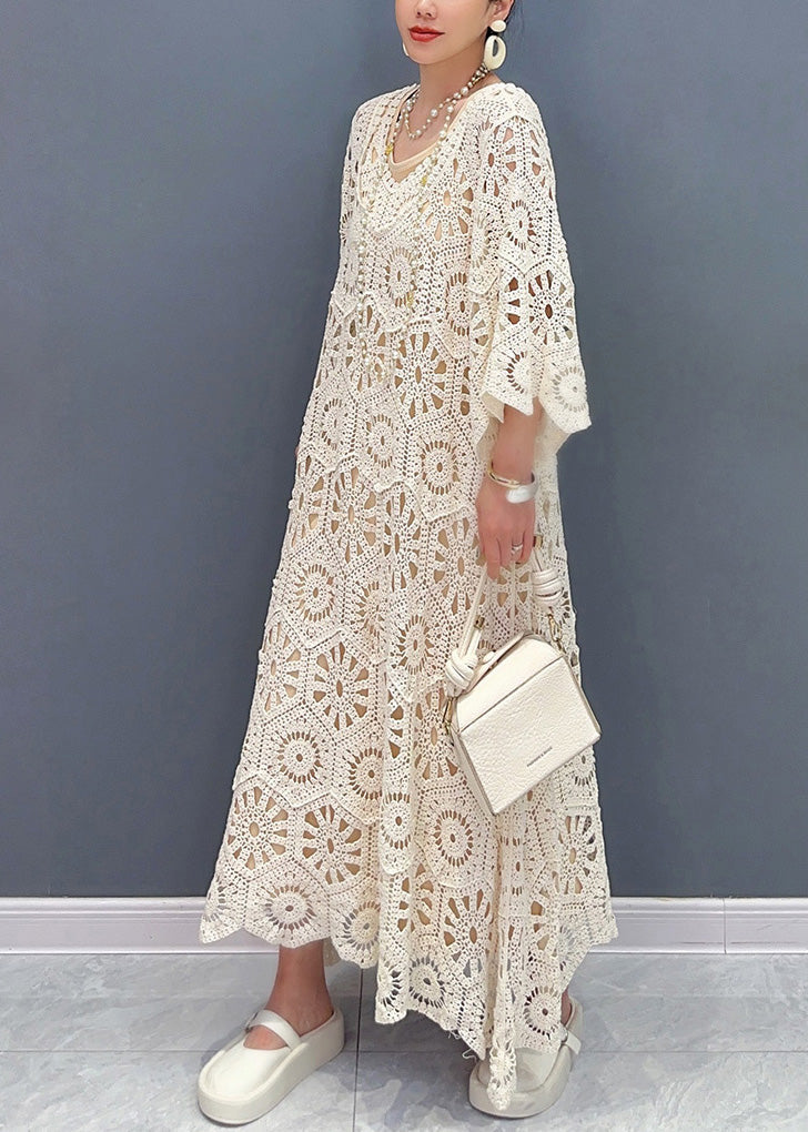 Simple Apricot O-neck Hollow Out Knit Maxi Dress Long Sleeve Summer