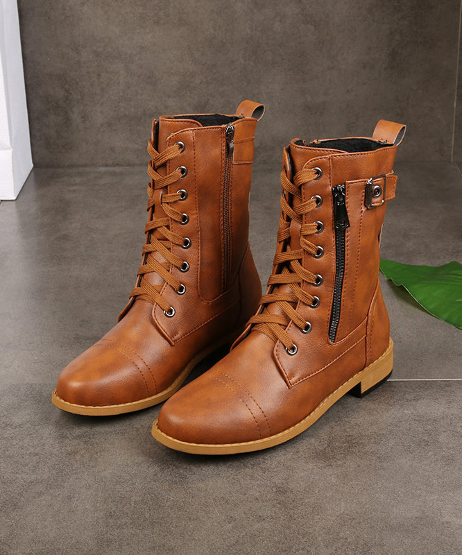 Brown Cross Strap Zippered Splicing Chunky Boots