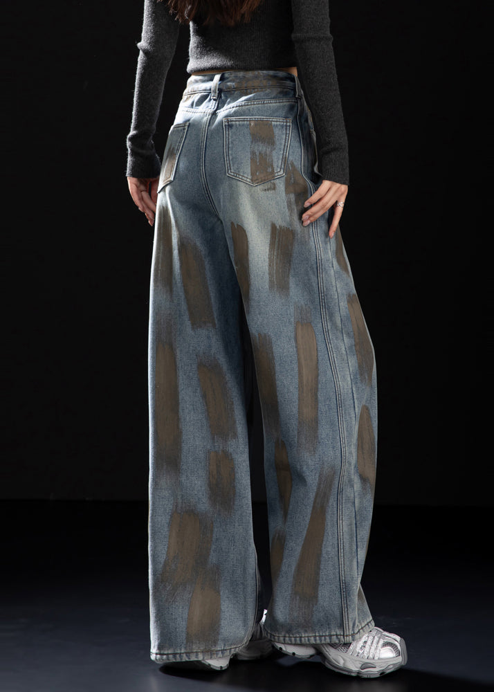 Navy Oversized Painting Warm Fleece Denim Pants Winter
