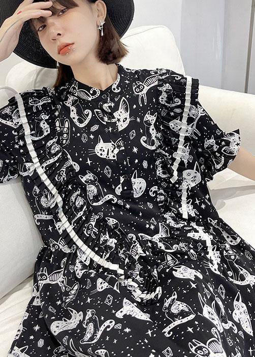 Black Print Asymmetric Short Sleeve Dress
