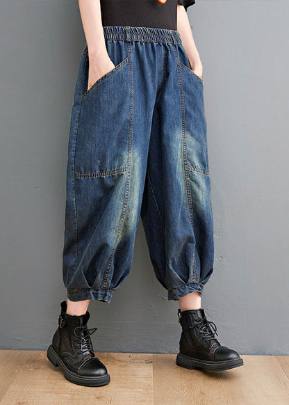 Blue High Waist Pockets Lantern Fall Pants