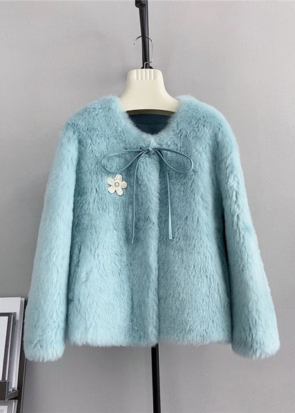 Unique Blue O Neck Bow Decorated Wool Jacket Winter