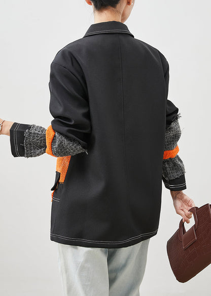 Organic Black Asymmetrical Patchwork Cotton Coats Spring
