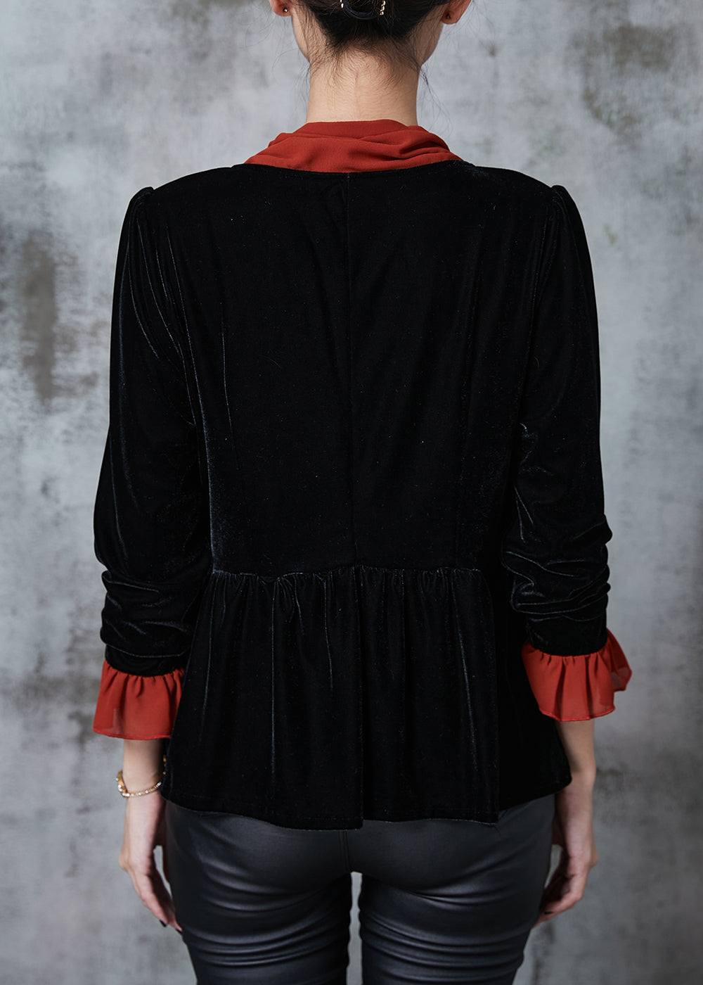 Black Silm Fit Patchwork Silk Velour Blouses Fall