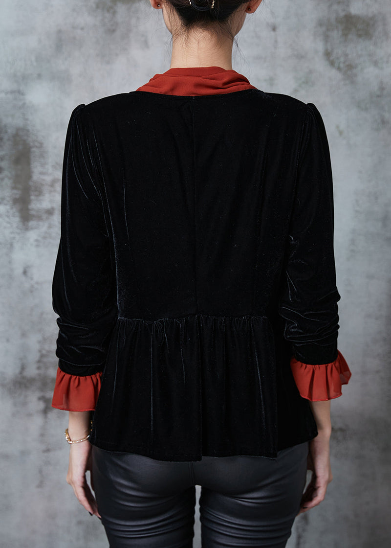 Black Silm Fit Patchwork Silk Velour Blouses Fall