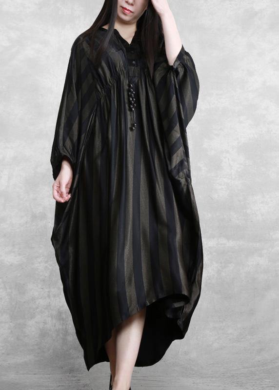 Style Black Striped Silk Maxi Dress Batwing Sleeve a Line Dresses