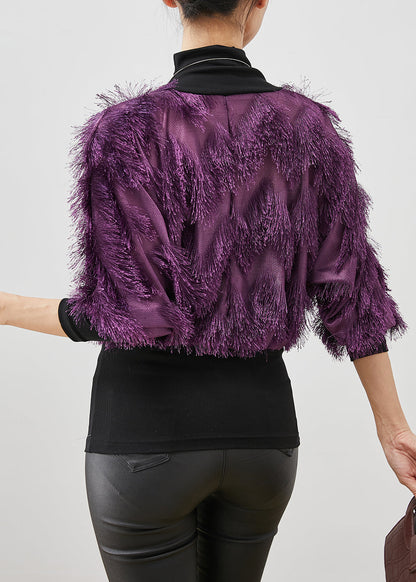 Purple Tasseled Patchwork Cotton Shirt Top Winter